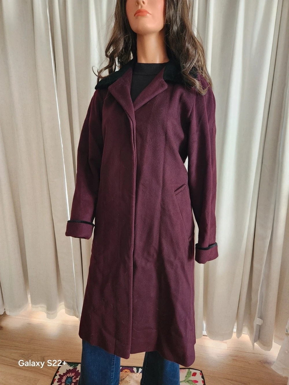 Women's Long Trench Coat in Deep Plum with Black Collar